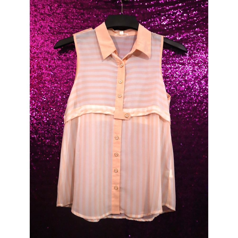 Peach Sleeveless Blouse Small MINE Women Sheer Striped Button Down TA2528
